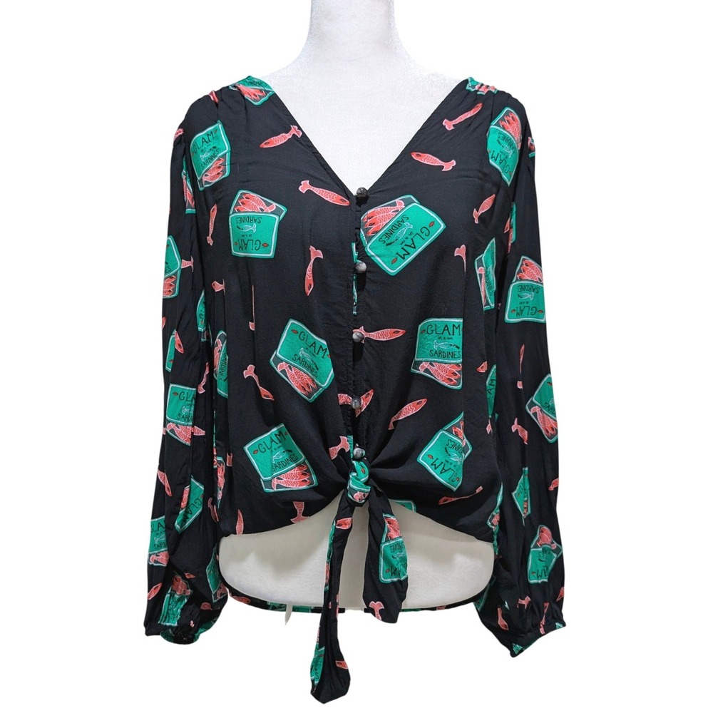 Anthropologie Kendra Dandy Sardine Print Tie Front Blouse Black Green Size 6